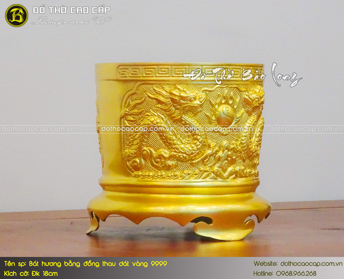 Bát Hương Bằng Đồng Thau Dát Vàng 9999 Đk 18cm 3