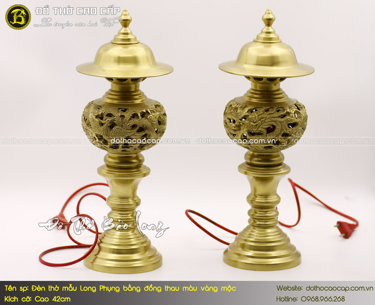 đèn thờ mẫu Long Phụng bằng đồng thau màu vàng mộc cao 42cm