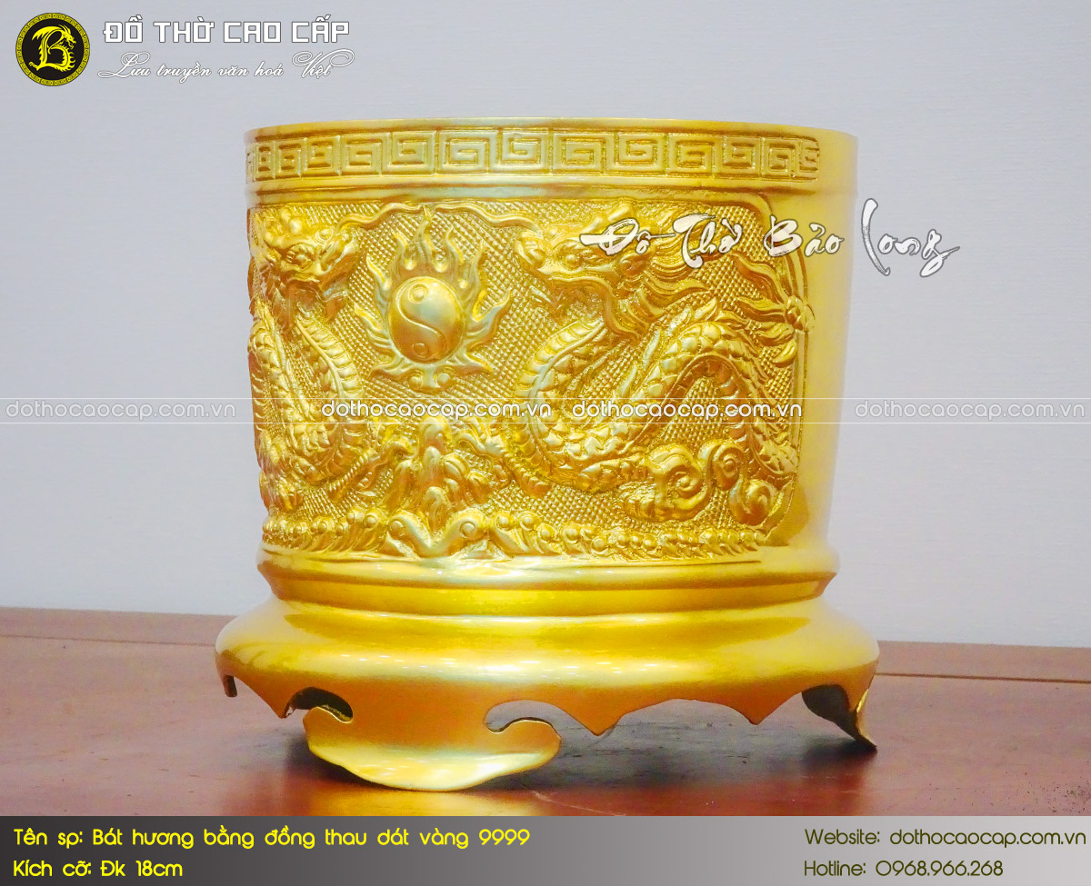 Bát Hương Bằng Đồng Thau Dát Vàng 9999 Đk 18cm 4