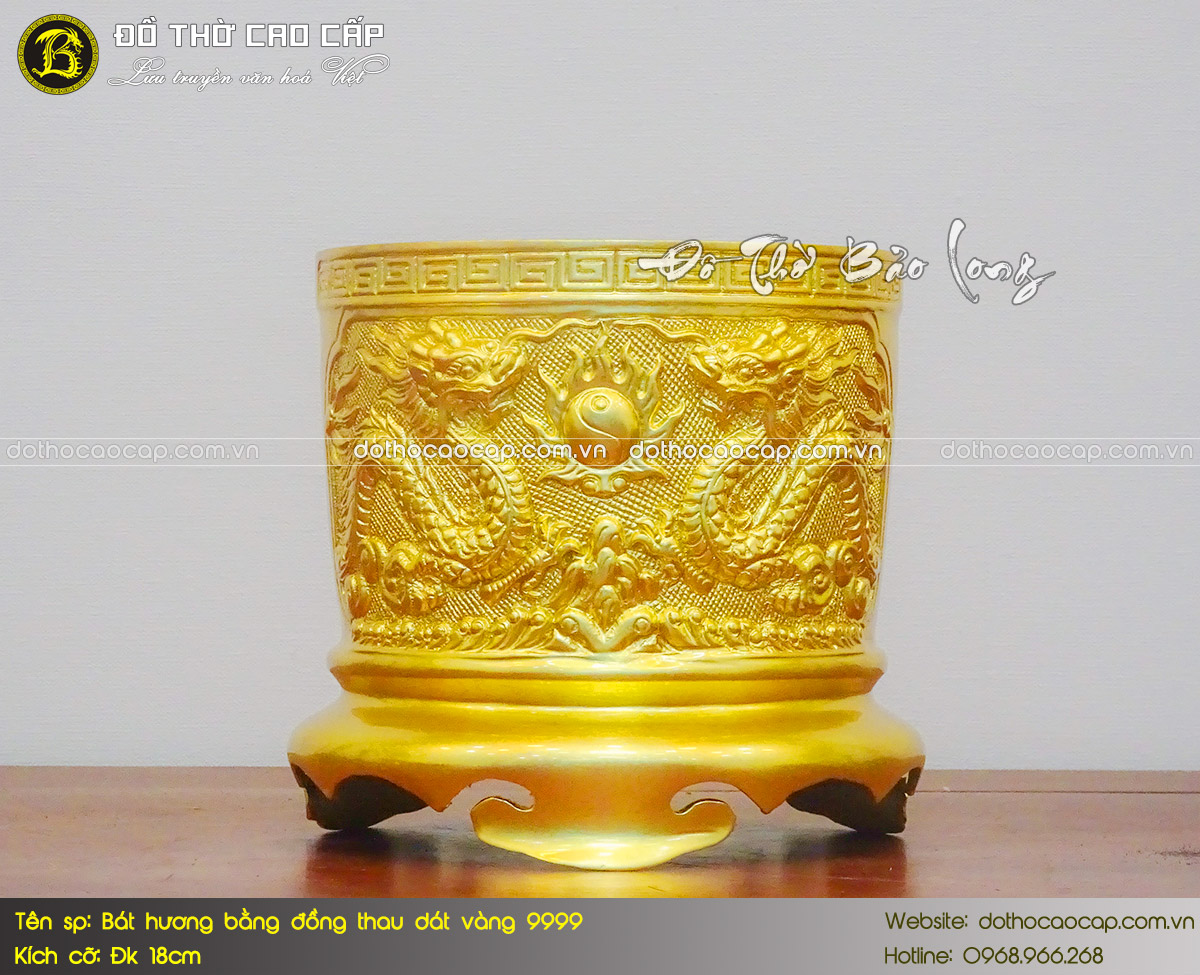 Bát Hương Bằng Đồng Thau Dát Vàng 9999 Đk 18cm 2