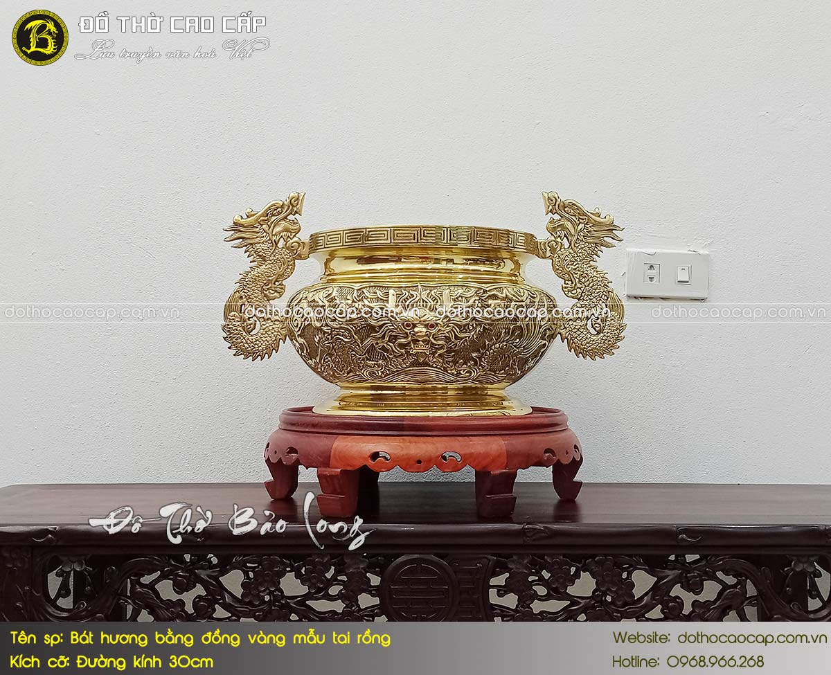 bát hương tai rồng bằng đồng thau màu vàng bóng đk 30cm