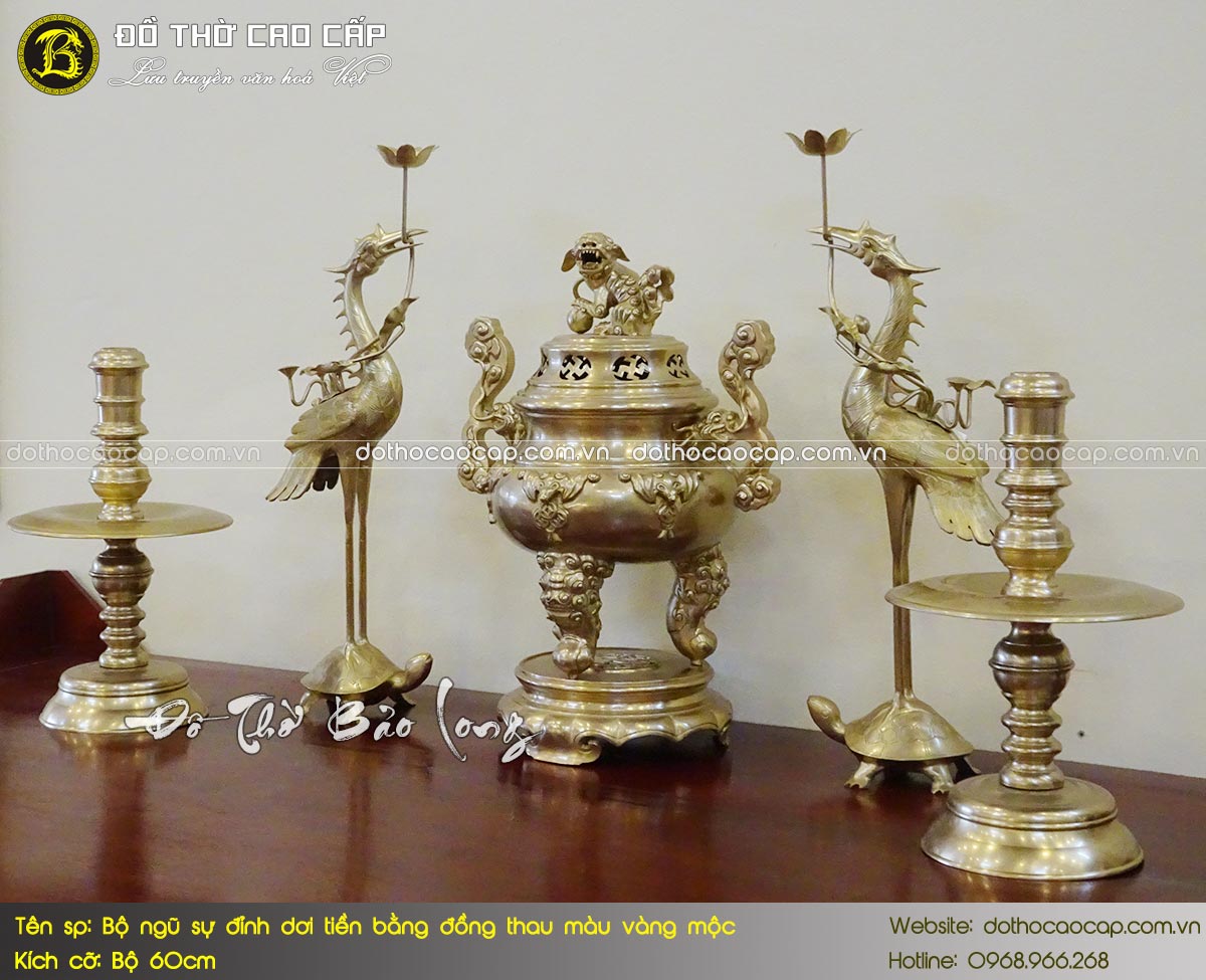 bộ ngũ sự đỉnh dơi tiền bằng đồng thau màu vàng mộc bộ 60cm