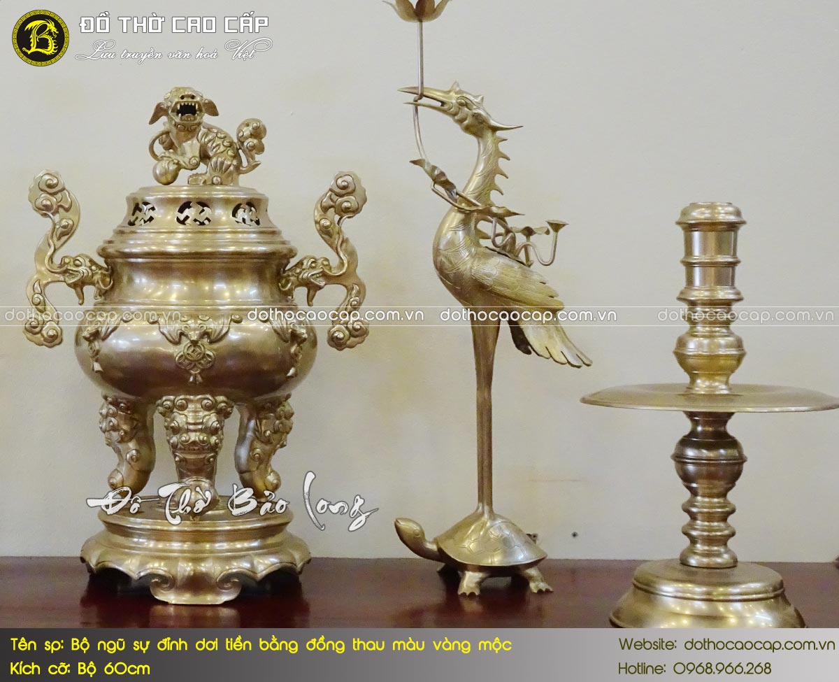 bộ ngũ sự đỉnh dơi tiền bằng đồng thau màu vàng mộc bộ 60cm