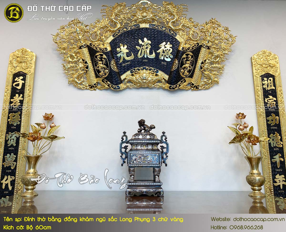 đỉnh thờ bằng đồng khảm ngũ sắc Long Phung 3 chữ vàng bộ 60cm