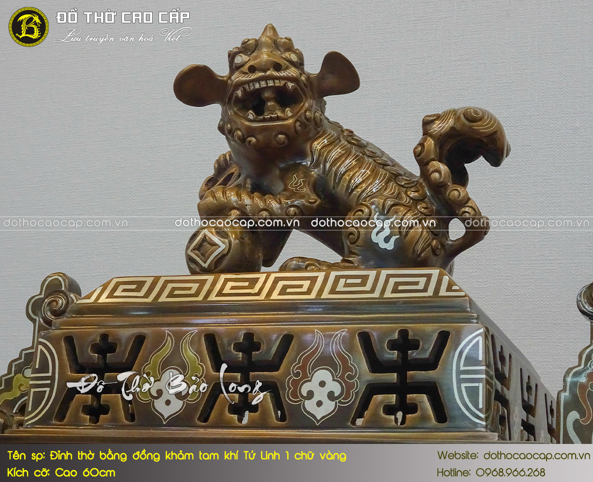 Lư - Đỉnh Thờ Bằng Đồng Khảm Tam Khí Tứ Linh 1 Chữ Vàng Cao 60cm 5