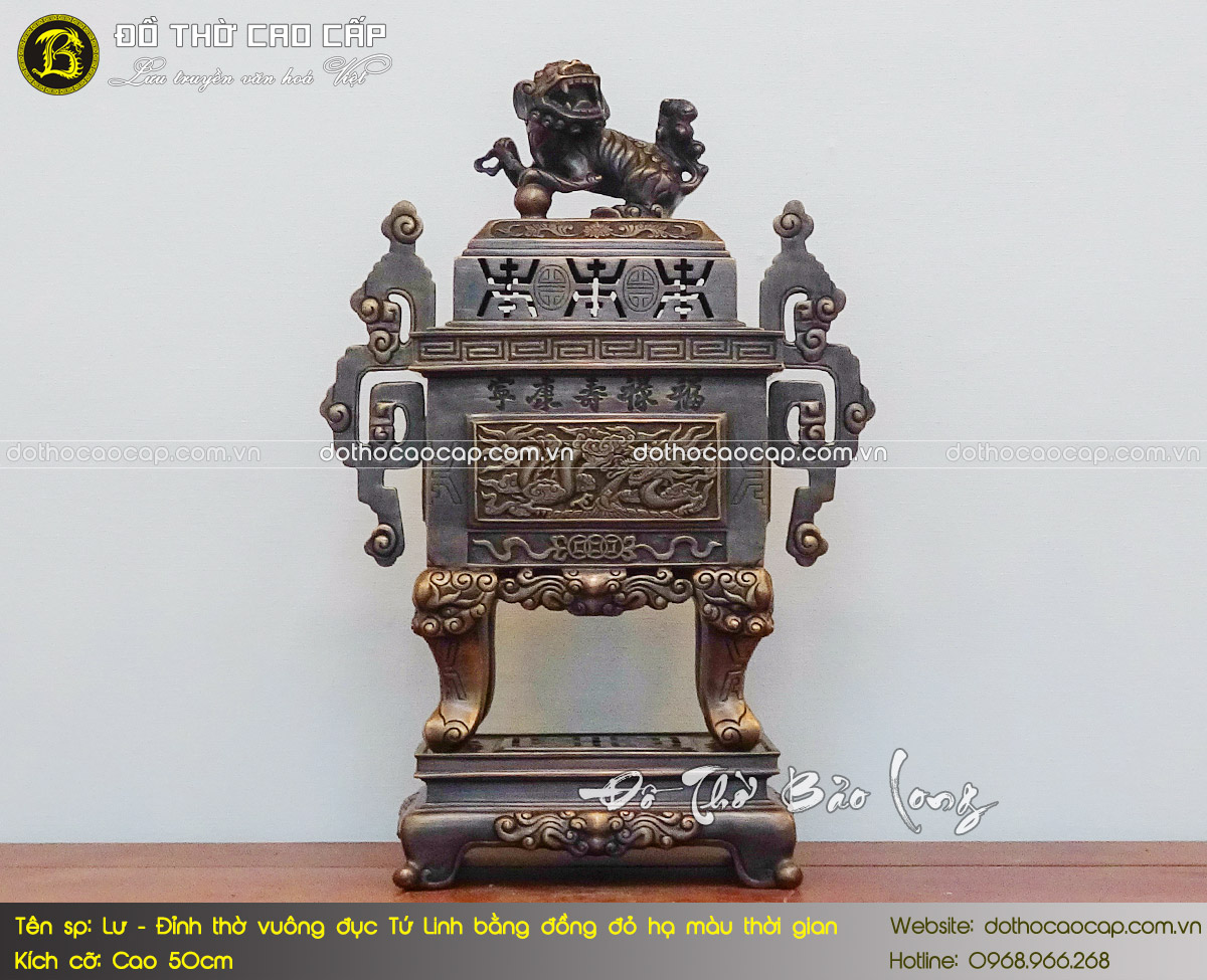 đỉnh thờ đục Tứ Linh bằng đồng đỏ màu trầm cổ cao 50cm
