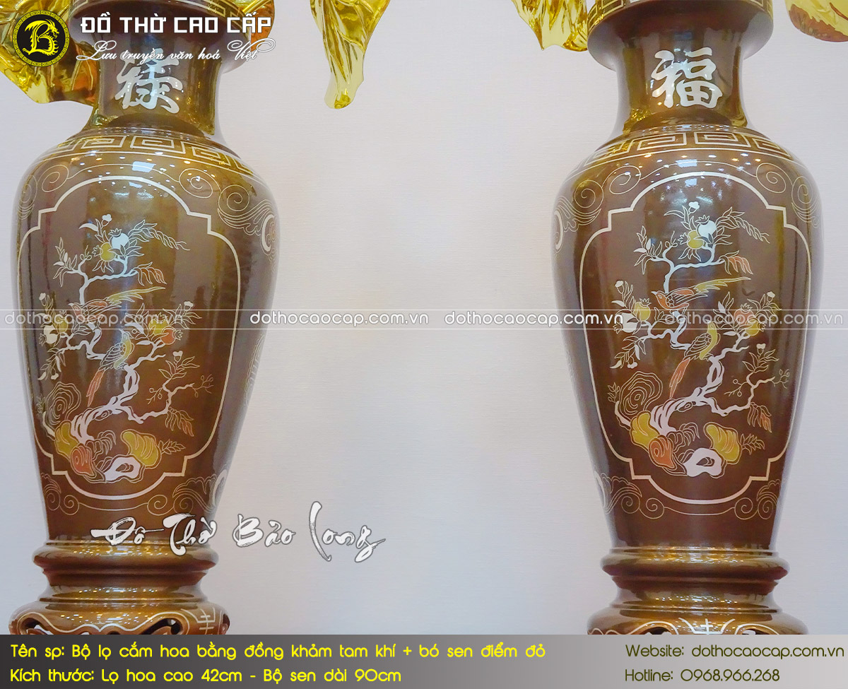 Bộ Lọ Hoa Bằng Đồng Khảm Tam Khí 42cm + Bó Sen Điểm Vàng 6