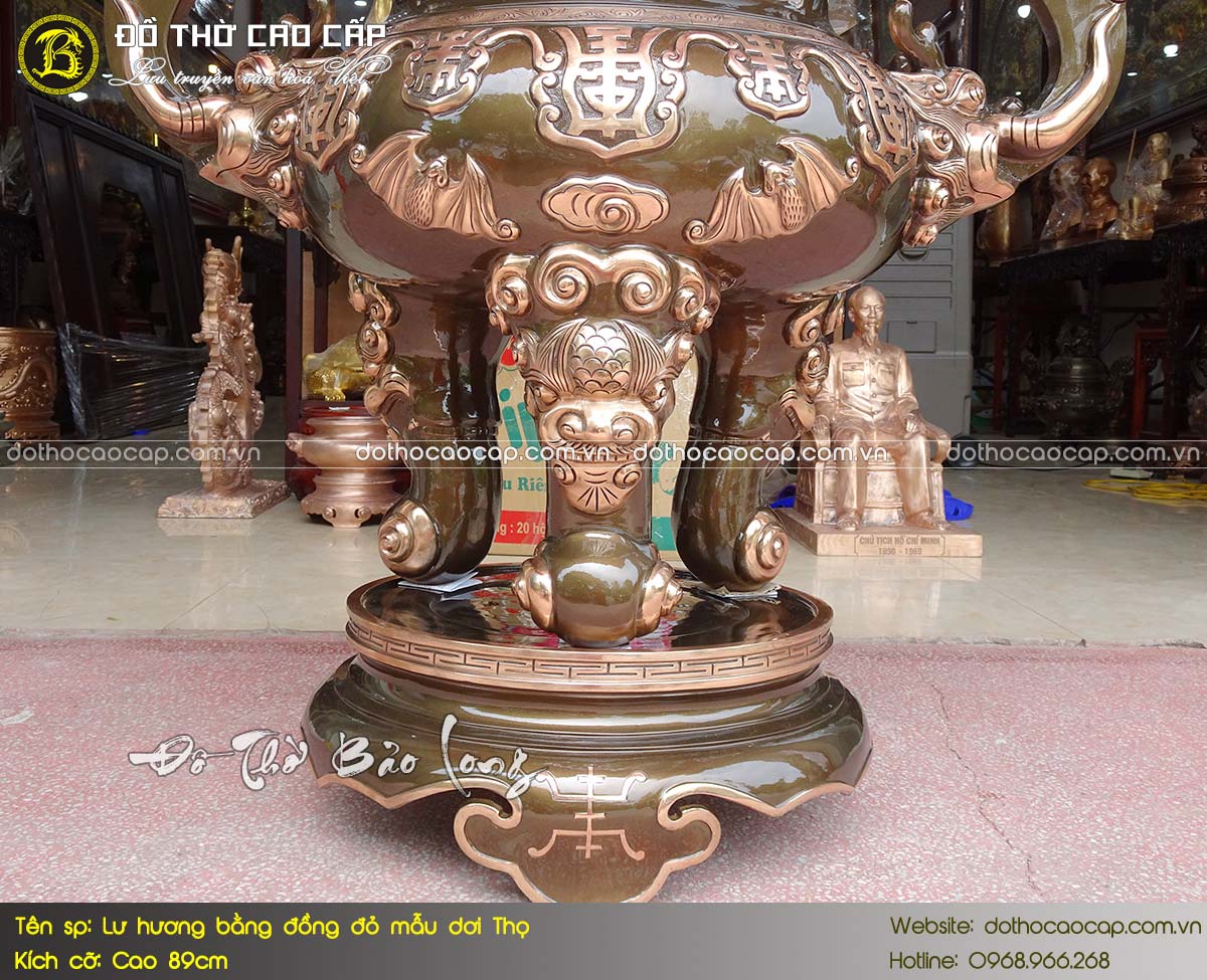 lư hương bằng đồng đỏ mẫu Dơi Thọ cao 89cm