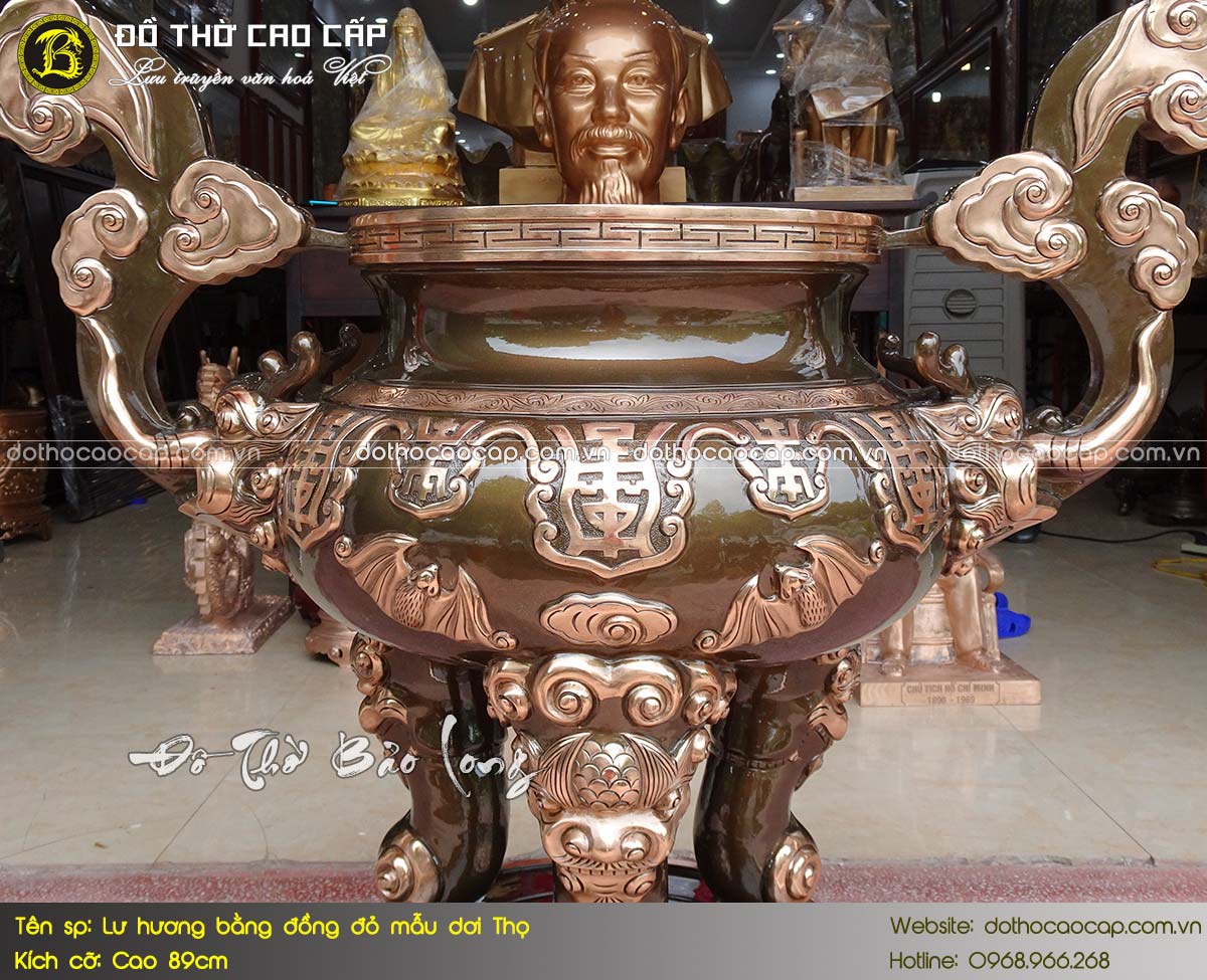 lư hương chữ Thọ Dơi Mây bằng đồng đỏ màu trầm cổ cao 1m2