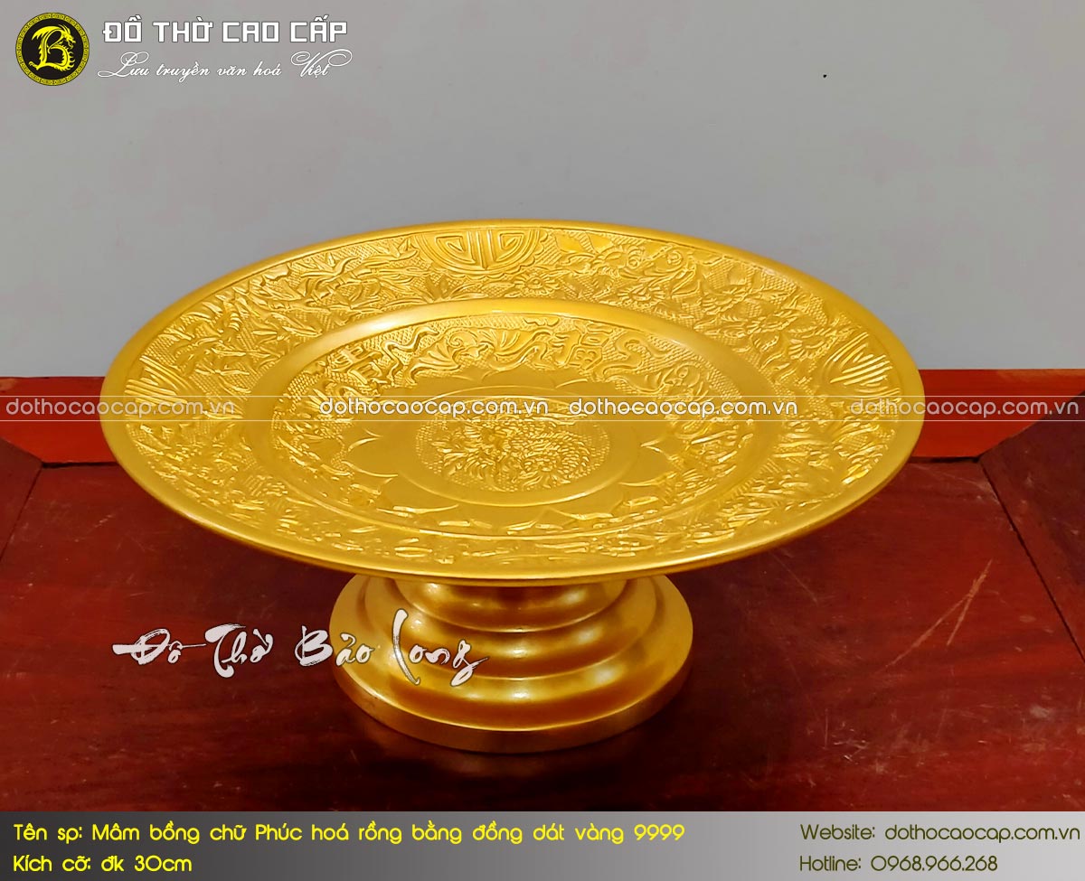 Mâm Bồng Chữ Phúc Hoá Rồng Bằng Đồng Dát Vàng 9999 Đk 30cm 2