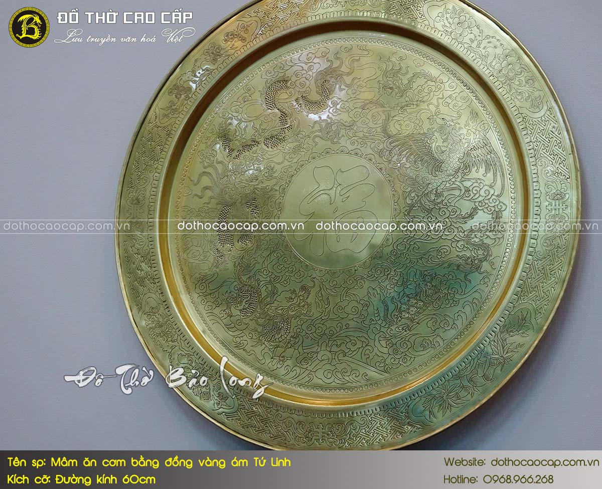 mâm đồng ám Tứ Linh đường kính 60cm
