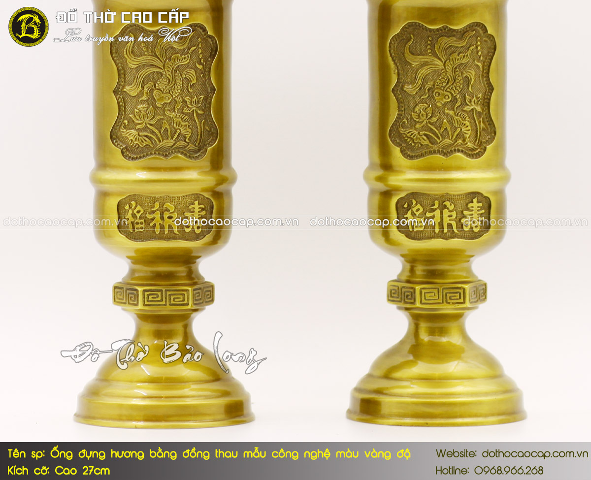 Ống Đựng Hương Bằng Đồng Thau Mẫu Công Nghệ Màu Vàng Đậm Cao 27cm 3